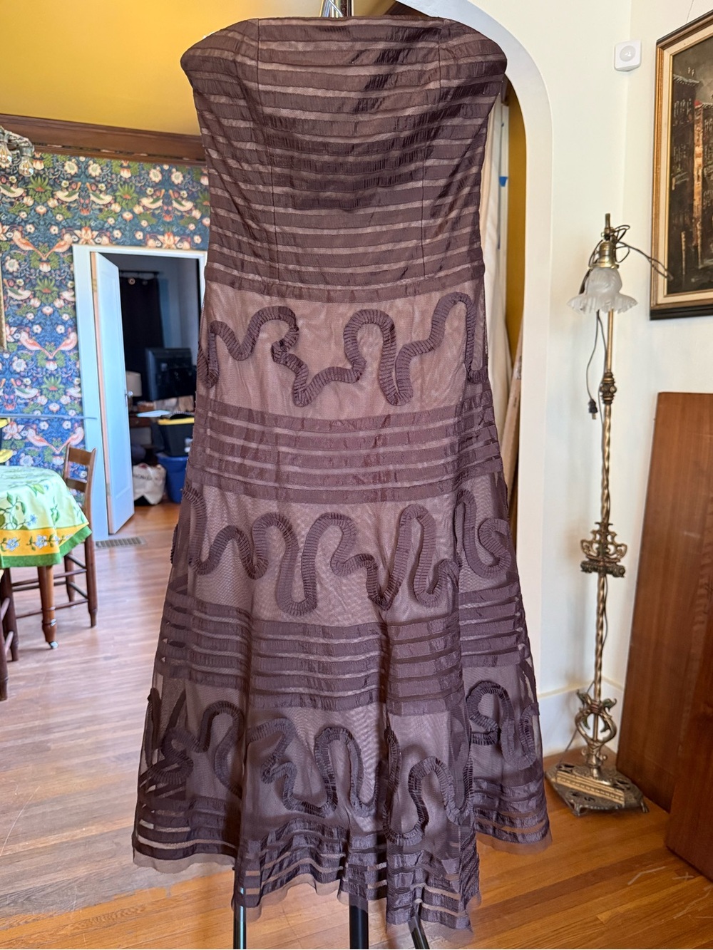 Chocolate brown strapless BCBG midi dress